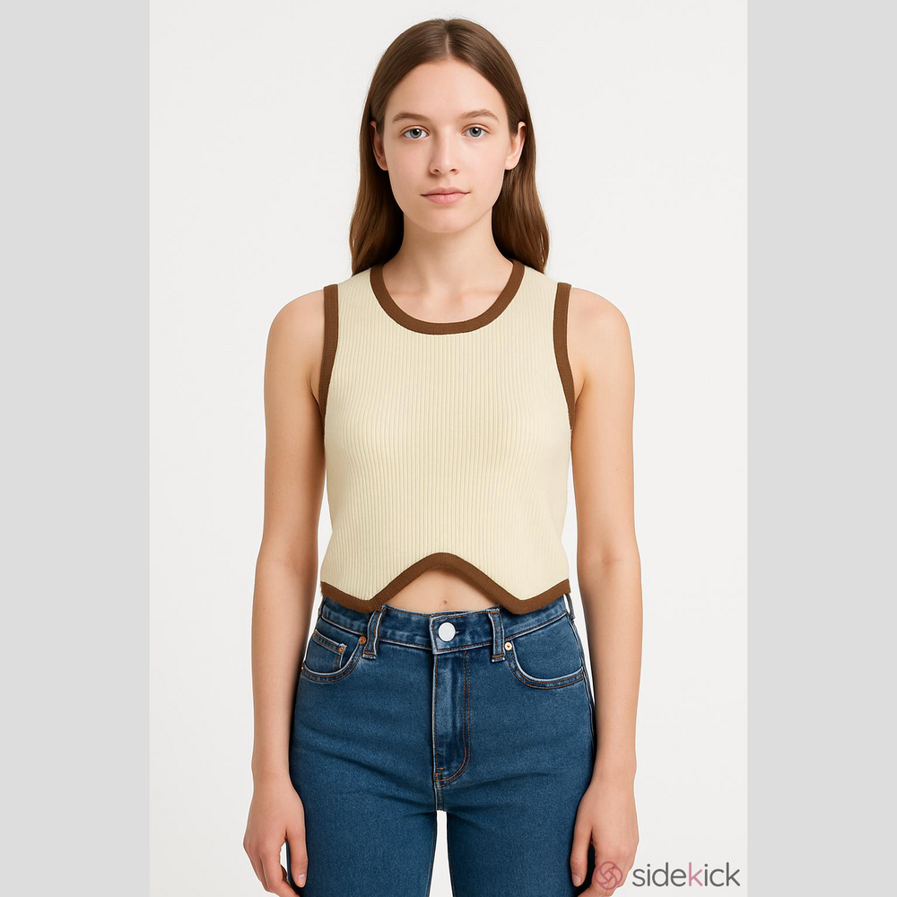 Olivaceous Cream and Brown Ribbed stretchy Tank Top